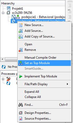 Proszę kliknąć prawym przyciskiem myszy na nazwie pliku podejscie2 i z menu kontekstowego wybrać opcję Set as Top Module.