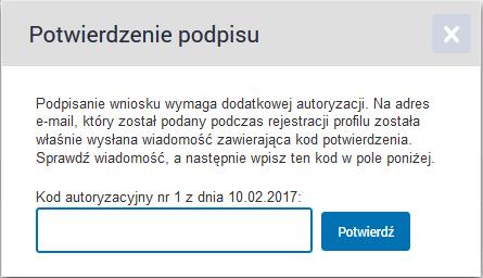 3. Po kliknięciu przycisku Podpisz Profilem Zaufanym, na adres e-mail/nr telefonu 1, który został podany przy składaniu wniosku o profil zaufany, zostanie wysłany specjalny kod autoryzacyjny.