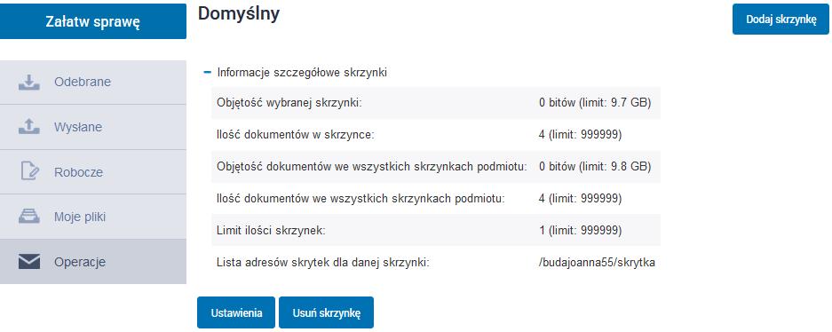 Pojawi się Lista adresów skrytek dla danej skrzynki.