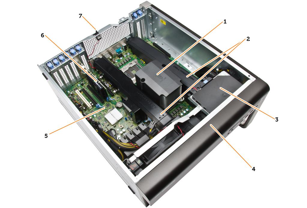 Rysunek 2. Widok wnętrza komputera T7910 1. radiator procesora ze zintegrowanym wentylatorem 2. osłona modułów pamięci 3.