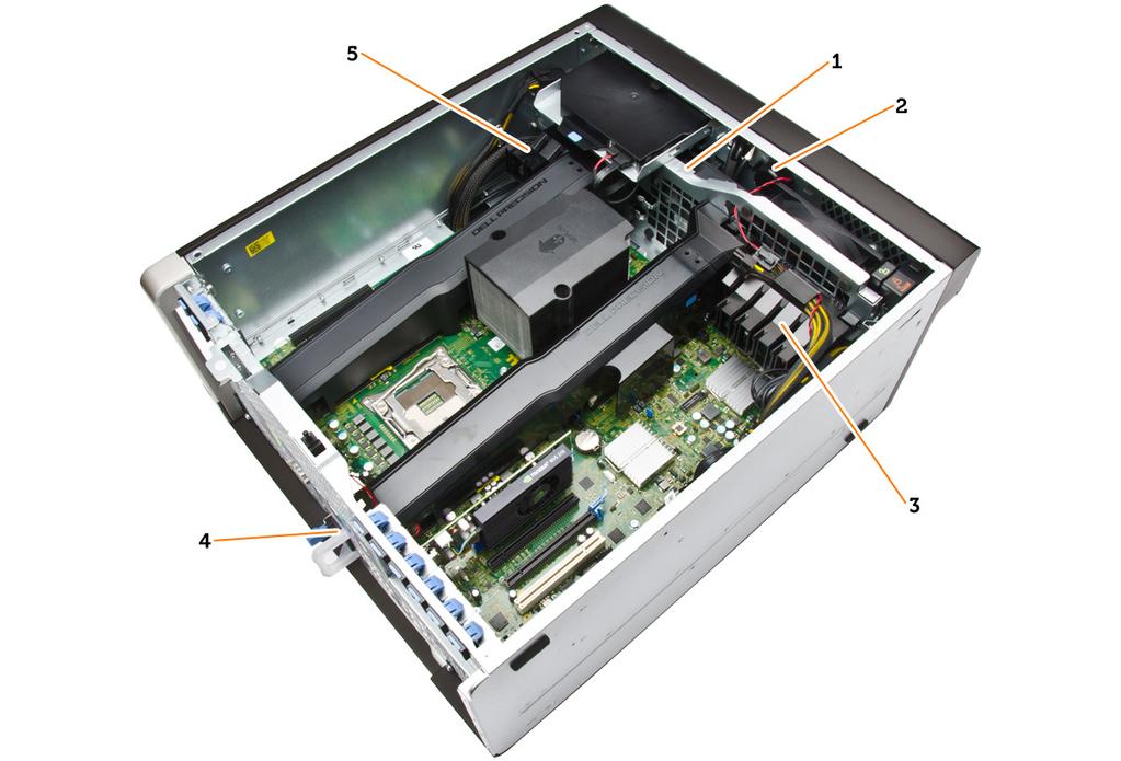 Rysunek 3. Widok wnętrza komputera T7910 1. wentylatory systemowe 2. głośnik 3. wspornik kart PCIe 4. zasilacz 5. wspornik kart PCIe Wymontowywanie zasilacza 1.