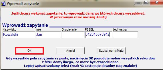 Przy uruchomieniu okna Osoby -> ELS uprawnienia i certyfikaty pojawia się ramka (Rys. 25), która pozwala na odszukanie osoby według wpisanego kryterium Rys. 25 Na Rys.