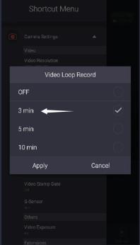 3. Nagrywanie w pętli: Naciśnij Nagrywanie w pętli", po czym wybierz jedną z dostępnych opcji Wył. / 3 min / 5 min / 10 min.