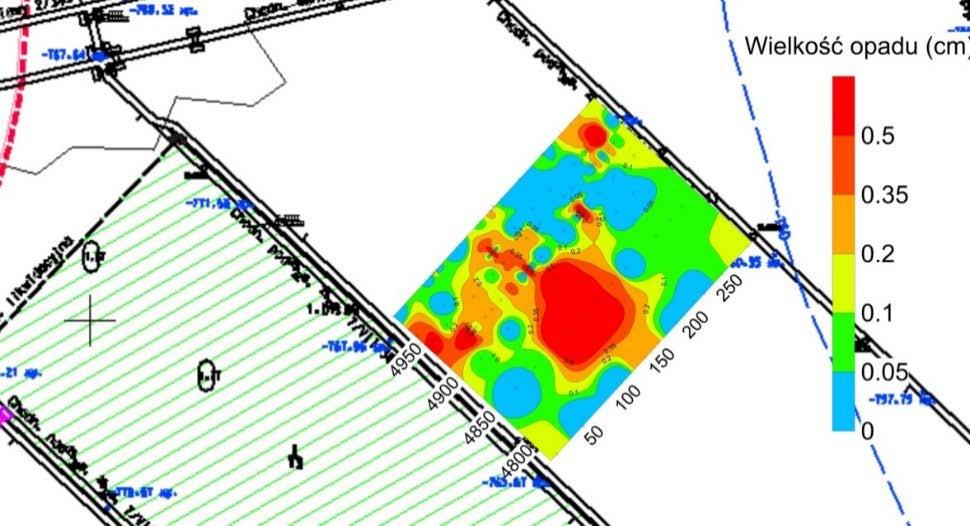 Rys. 7. Mapa izoliniowa wielkości opadu stropu na fragmencie ściany 6/VII/385 (Dyczko i in. 2015) Fig. 7. Contour map of the roof fall along a fragment of the longwall 6/VII/385 (Dyczko et al.