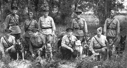 84. Funkcjonariusze Wojsk Ochrony Bojcy z psami. Bezwzględni strażnicy w sowieckich łagrach. Ucztujący wydawali, co pewien czas dzikie okrzyki zadowolenia.