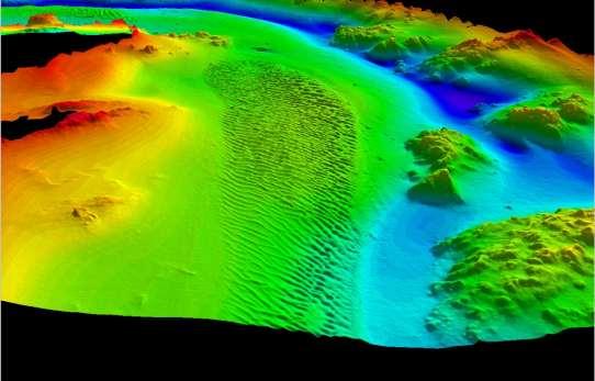 Rys. 7. Trójwymiarowy model dna uzyskany na podstawie wysokiej rozdzielczości echosondy wielowiązkowej Seabat 8125 RESON.