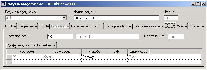 236 System IFS Applications TM Wprowadzenie cech Każda pozycję magazynową połączono z odpowiednim identyfikatorem szablonu cech.