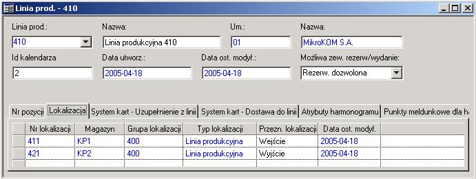 Linie produkcyjne wprowadza się w aplikacji głównej w folderze: IFS/Standardy produkcji/gniazda i linie produkcyjne/linia produkcyjna W opisywanym przedsiębiorstwie przyjęto, iż każda linia może