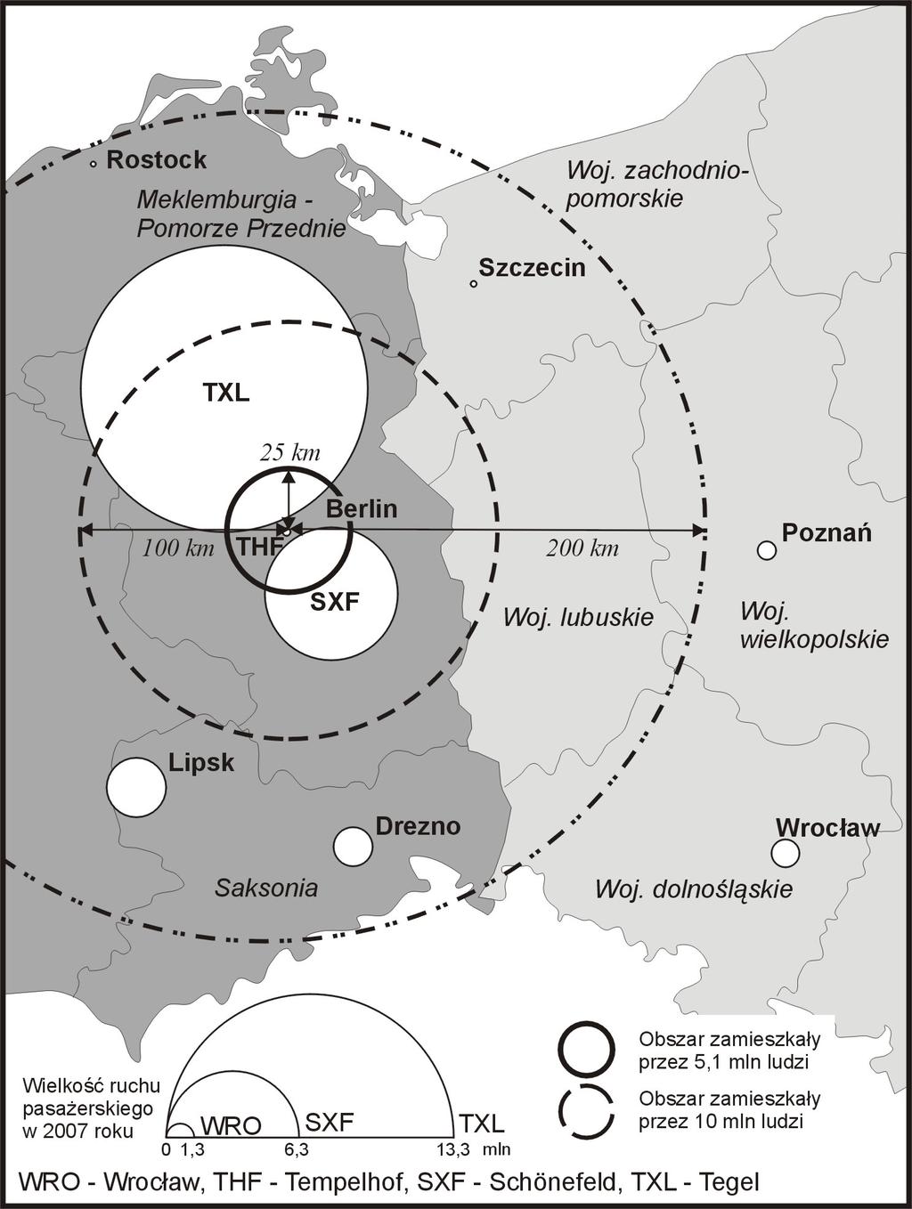 6 Ryc. 2. Wielkość ruchu pasażerskiego w portach lotniczych zachodniej Polski i wschodnich Niemiec i obszar ciążenia lotnisk berlińskich.