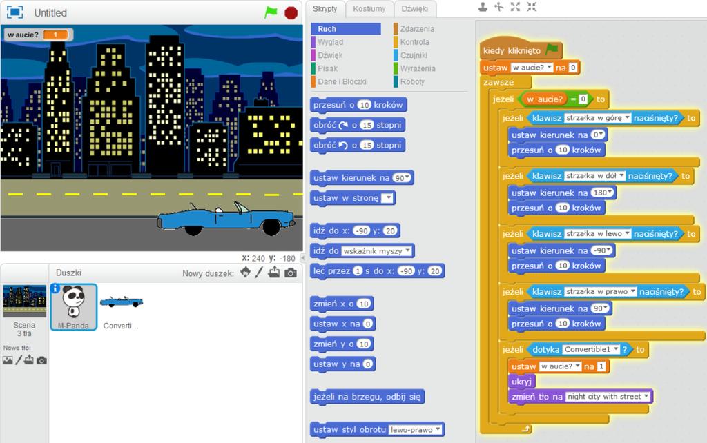 Teraz utworzymy warunek: jeżeli panda dotyka auta, wartość naszej zmiennej zmienia się na 1, tło przekształca się w obrazek z ulicą, a panda znika.