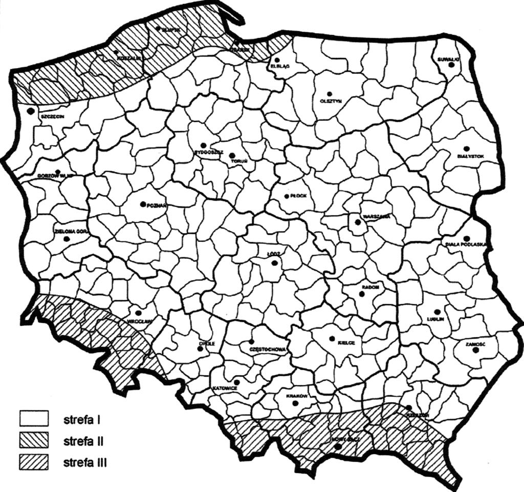 17 Rys. 1.2. Strefy klimatyczne; granice stref obciążeń wiatrem [10] Tereny Polski są podzielone na cztery strefy obciążenia sadzią, to jest S1, S2, S3 i S spec. Na rysunku 1.