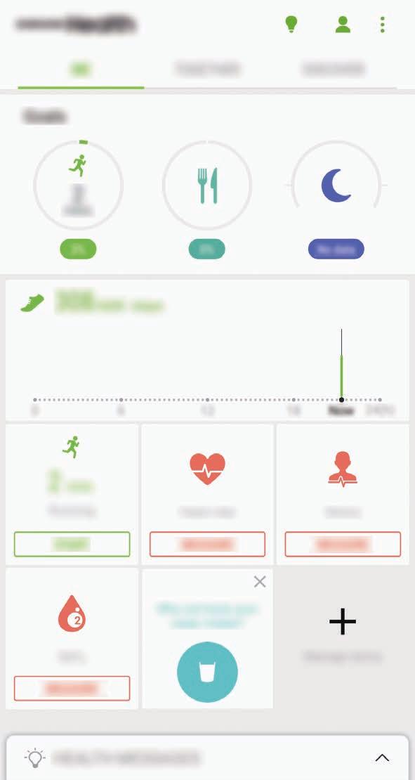 Aplikacje i funkcje Korzystanie z aplikacji Samsung Health Możesz wyświetlać najważniejsze informacje z menu aplikacji Samsung Health oraz aplikacji monitorujących twoje samopoczucie i kondycję.
