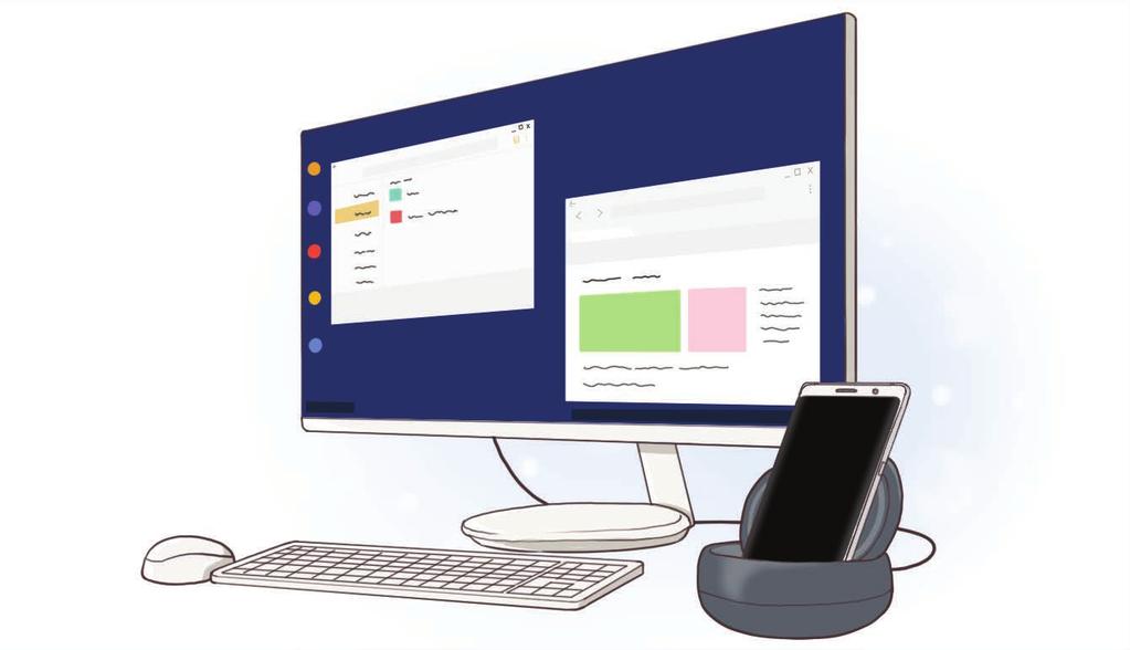 Aplikacje i funkcje Samsung DeX Samsung DeX to usługa umożliwiająca korzystanie ze smartfona tak, jak z komputera poprzez podłączenie go do zewnętrznego wyświetlacza, takiego jak telewizor lub