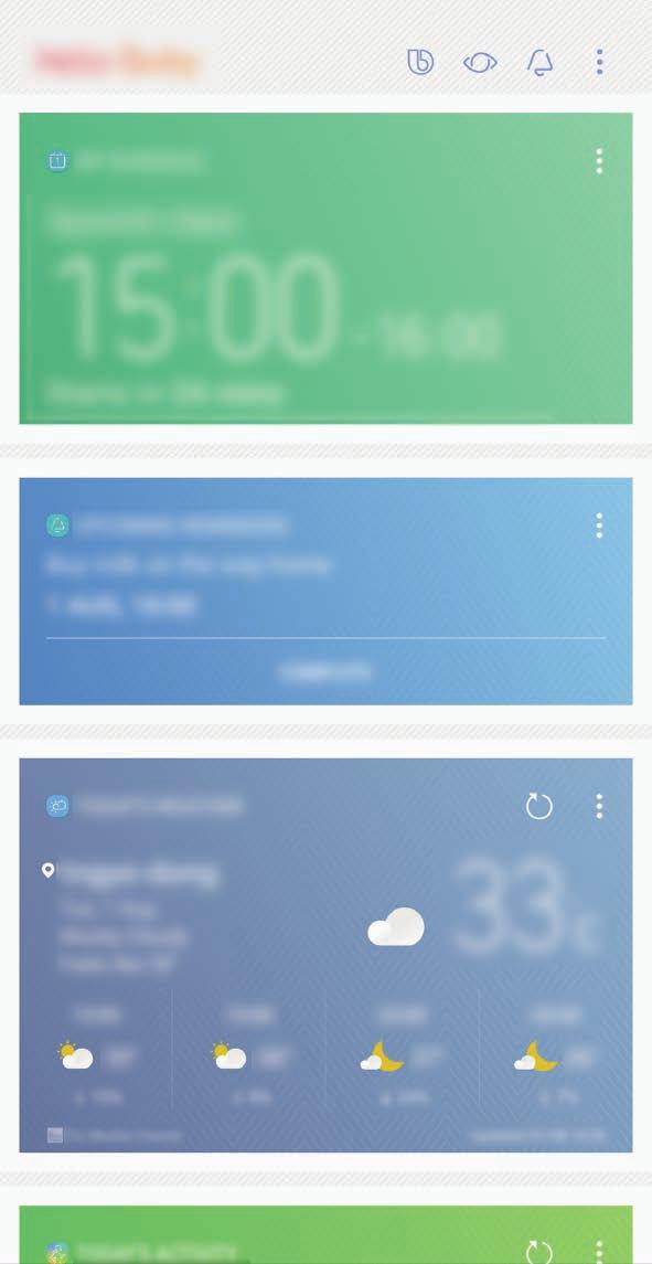 Aplikacje i funkcje Korzystanie z polecanych zawartości na ekranie startowym Bixby Po otwarciu ekranu startowego Bixby możesz przeglądać często aktualizowaną zawartość, która jest wyświetlana w