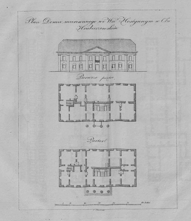 4. Hostynne. Dwór. Rysunek [w:] Zbiór znaczniejszych budowli w województwie lubelskim [litogr. J. Sławiński, Łaszcz, Stompf]. Warszawa, 1836, il. 34. Cyfrowa Biblioteka Narodowa. Pod k. XVIII w.