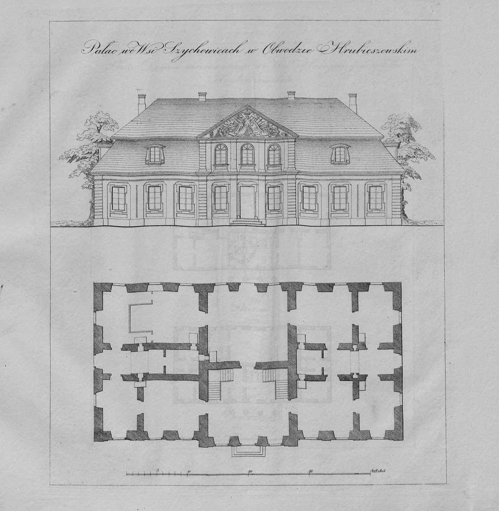 28. Szychowice. Dwór. Rysunek [w:] Zbiór znaczniejszych budowli w województwie lubelskim [litogr. J. Sławiński, Łaszcz, Stompf]. Warszawa, 1836, il. 33. Cyfrowa Biblioteka Narodowa. W poł. XVIII w.