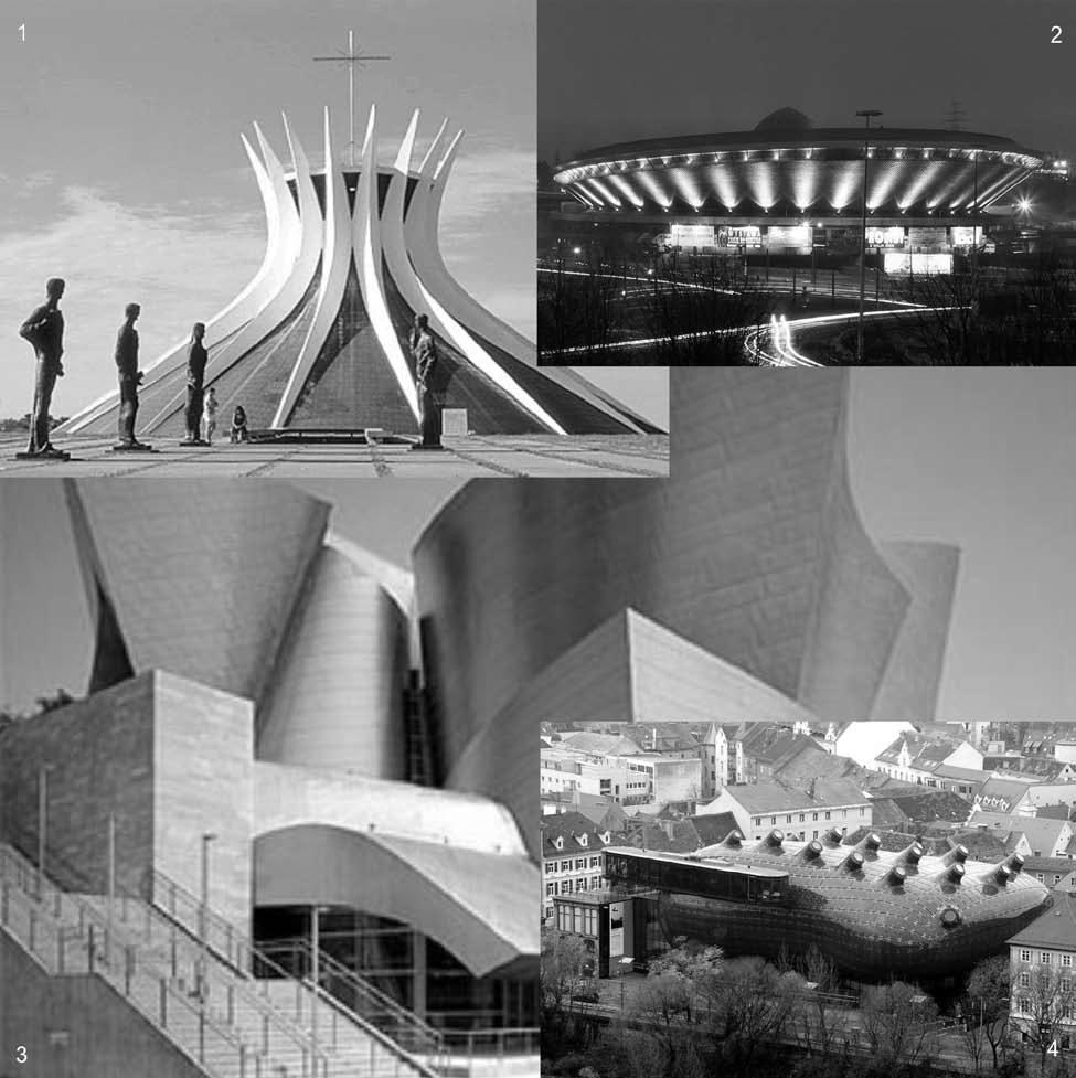 348 1. Katedra w Brasilii, arch. Oscar Nimeyer. Wykorzystanie hiperboloidy jednopowłokowej jako formy geometrycznej kształtującej obiekt architektoniczny 2.