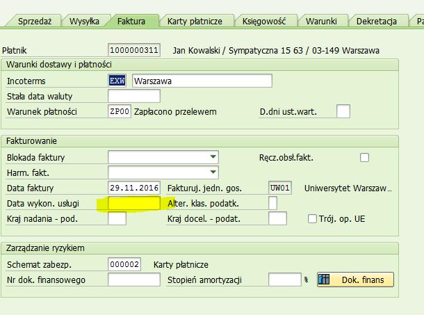 Następnie przechodzimy do zakładki Faktura gdzie należy wskazać datę wykonania usługi, jeżeli jest znana.