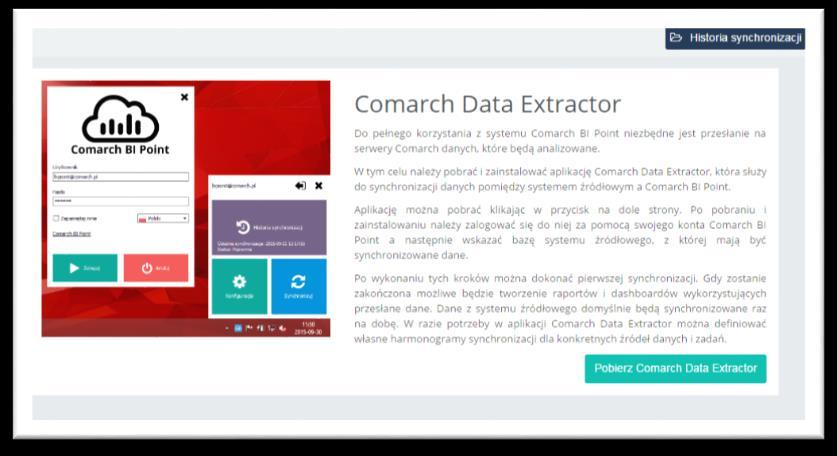 Aby pobrać Comarch Data Extractor należy w usłudze BI Point Menadżer przejść do menu rozwijalnego i wybrać Synchronizacja danych.