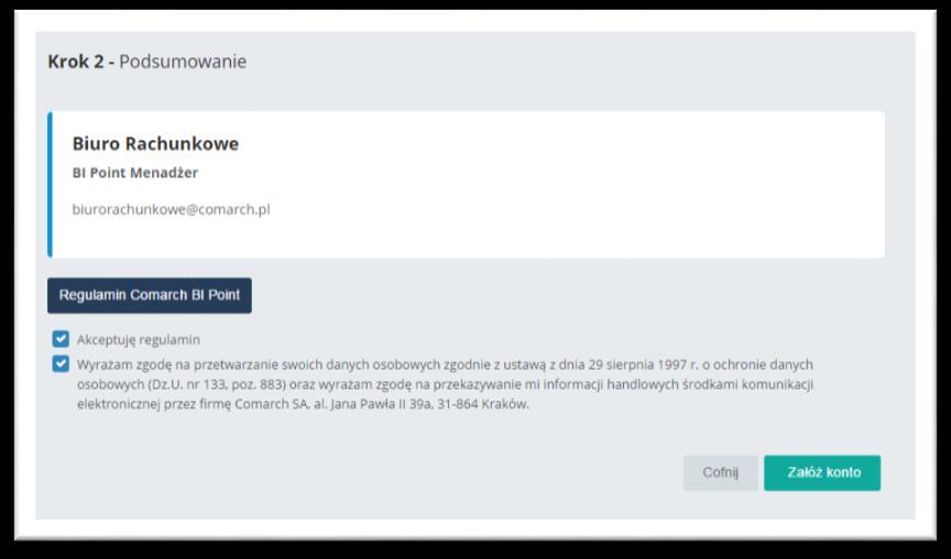 Po kliknięciu przycisku Dalej pojawia się ekran z podsumowaniem, gdzie należy zapoznać się z Regulaminem oraz wyrazić zgodę na przetwarzanie danych.