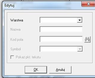 Można jednocześnie wybrać kilka obiektów do edycji. Wówczas okno edycji będzie wyglądało w ten sposób: Jeśli któryś z obiektów miał przypisany kod pola przy zmianie warstwy zostanie on usunięty.