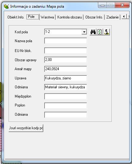 arkusza pola z roku zbiorów, z którym mapa została połączona. W informacjach o polu znajdują się: kod pola, obszar uprawy, odmiana itp.