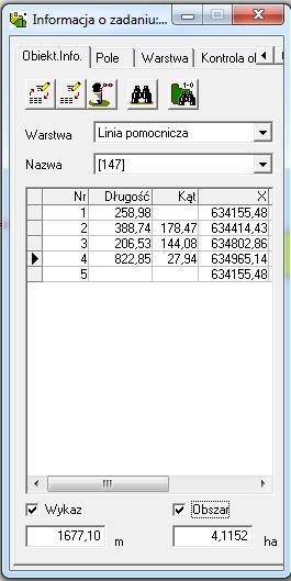 Obiekt Info można tworzyć edytować, usuwać zadania, można znaleźć informacje o długości czy powierzchni obiektu W zakładce Pole znajdują się informacje o danym polu z arkusza pola W zakładce Warstwa