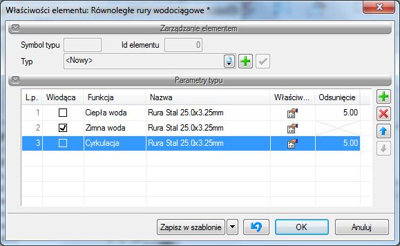 Rys. 14. Okienko wstawiania Równoległe rury wodociągowe. Najedź na Urządzenie C.W.U. kliknij w jego obszar a następnie poprowadź kilka odcinków instalacji. Kliknij przycisk Właściwości elementu.