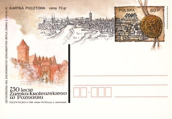Wyobrażenie bryły zamku z XIV XV wieku na podstawie zachowanych dokumentów 750-lecie zamku królewskiego w Poznaniu Kartka pocztowa Znak opłaty: panorama Poznania z 1626 roku z obramowania mapy
