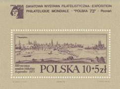 35 37. Panorama Poznania z około 1740 roku Światowa Wystawa Filatelistyczna Polska 73 Znaczek w bloku, w dwóch wersjach kolorystycznych Projekt: Waldmar Andrzejewski Ryt: Edward Konecki 10 + 5 zł 19.