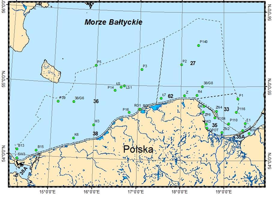Podakweny Morza Bałtyckiego wyznaczone w polskiej strefie ekonomicznej wg HELCOM CORESET; na mapie