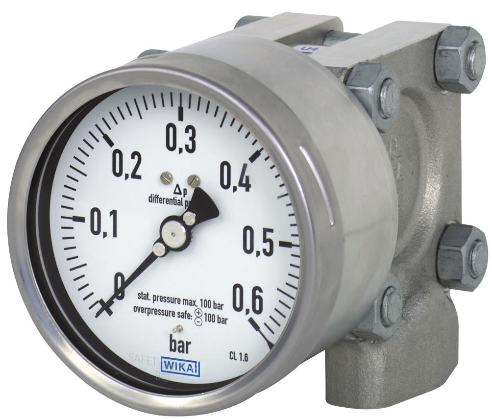 Mechaniczny Pomiar Ciśnienia Manometry różnicowe do procesów przemysłowych Modele 732.14, 762.14, bezpieczne na wysokie ciśnienie do 40, 100 lub 400 bar Karta katalogowa WIKA PM 07.