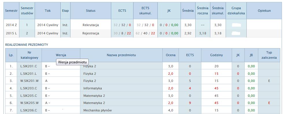 Status dla studentów I semestru powinien być zazwyczaj: Rekrutacja. Może być również w innych przypadkach Rejestracja warunkowa, Urlop, Skreślenie itp.