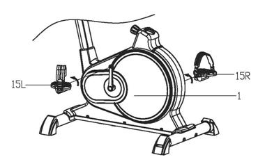 KROK 3: Zamontuj pedały (15L/R) do głównego elementu ramy (1). UWAGA: Na pedałach znajdują się oznaczenia L (lewy) i R (prawy).