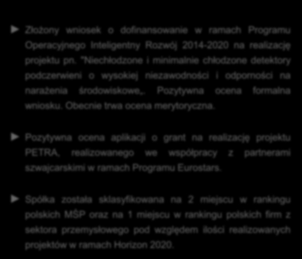 Kluczowe wydarzenia i osiągnięcia Realizacja nowych projektów B+R Złożony wniosek o dofinansowanie w ramach Programu