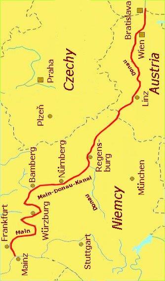 1.4 Mainz Bratysława (1.101km/65 śluz) Etap prowadzi w górę rzeki Main, kanałem Main Donau (ukończonym w 1993 r.) i dalej w dół rzeki Dunaj.