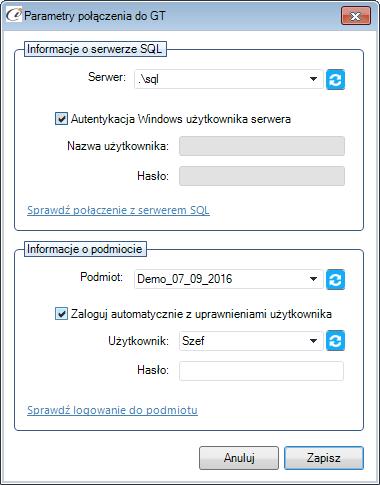 (rys. 7) Parametry połączenia do GT W zależności od konfiguracji serwera SQL możemy do zrealizowania połączenia