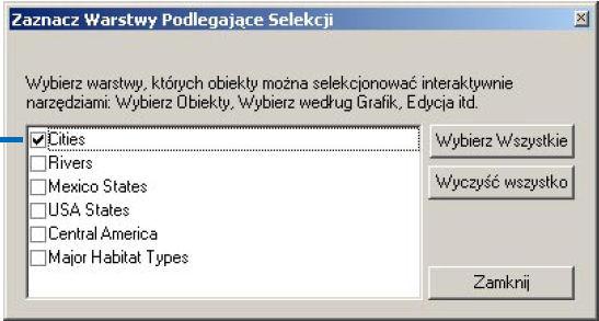 odpowiednie rekordy (wiersze) Przykład interaktywnej selekcji obiektów (ArcMap) Krok 1 wybór warstw podlegających selekcji Krok 2 -Określenie