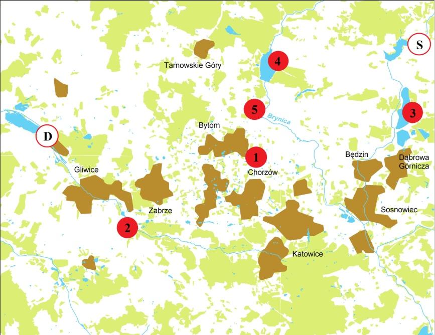 82 S. Beuch Rycina 1. Mapa rozmieszczenia stanowisk podróżniczka Luscinia svecica w konurbacji górnośląskiej w latach 1997 2012.