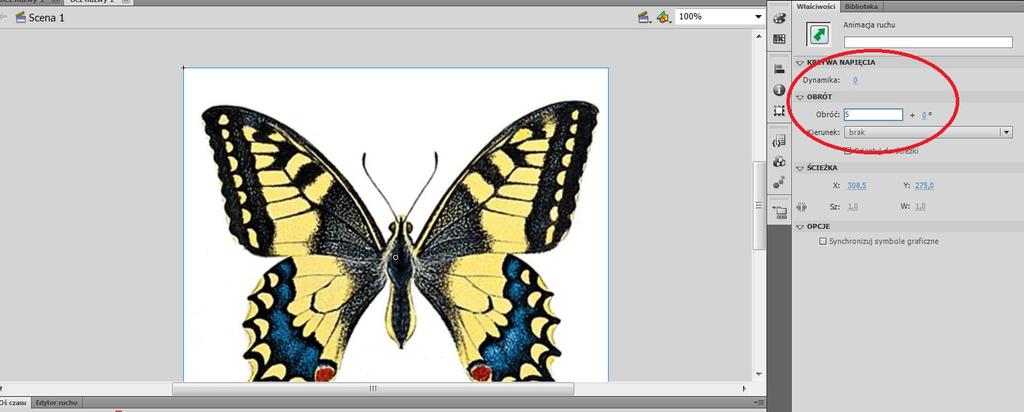 Animacja ruchu - obroty 1. Narysuj motyla 2. Przekonwertuj na symbol (F8) 3.