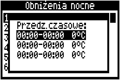 Poniżej przedstawiono przykładowe obniżenie nocne temperatury zadanej kotła trwające od godziny 22:00 wieczorem do 06:00 rano oraz obniżenie od godziny 09:00 do 15:00.