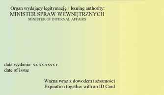 Napisy w kolorze czarnym: 1) po prawej stronie wizerunku orła: RZECZPOSPOLITA POLSKA, poniżej THE REPUBLIC OF POLAND, poniżej MINISTERSTWO SPRAW WEWNĘTRZNYCH, poniżej MINISTRY OF INTER- NAL AFFAIRS,