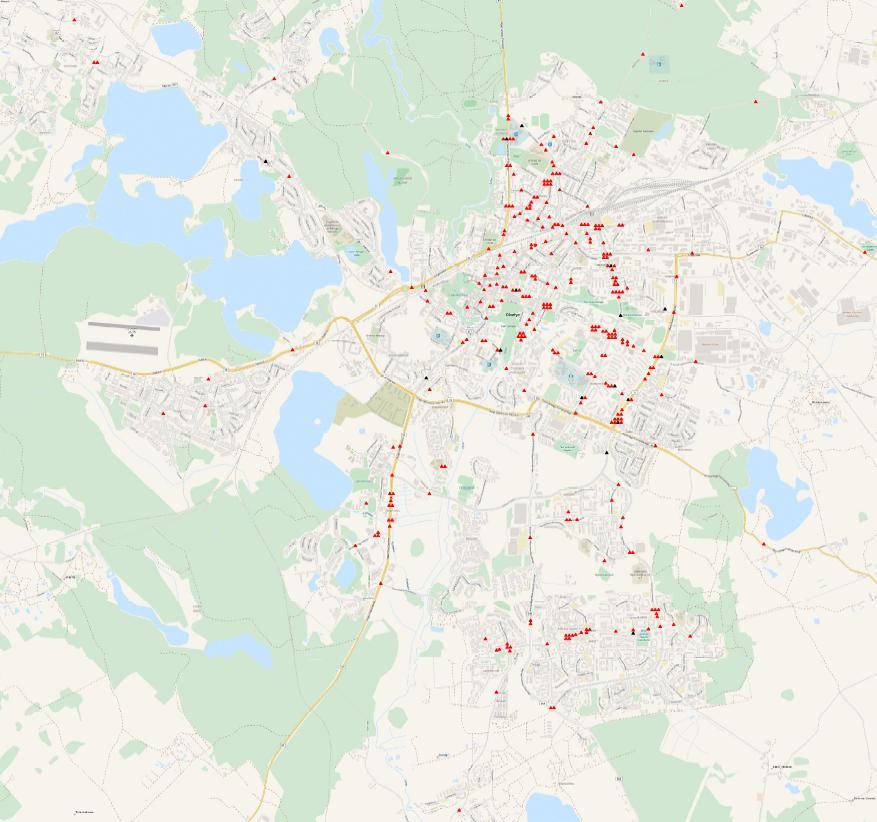 Na rys. 4.8 przedstawiono mapę wypadków związanych z najechaniem na pieszego w Olsztynie w latach 2009-2012. Rys. 4.8 Mapa wypadków w Olsztynie w latach 2009-2012 4.