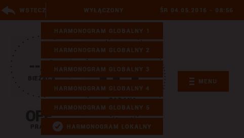 Instrukcja obsługi V. Tryby pracy regulatora V.a) Harmonogram Po aktywowaniu wybranego harmonogramu w strefie temperatura zadana zależna jest od zdefiniowanych wcześniej ustawień.