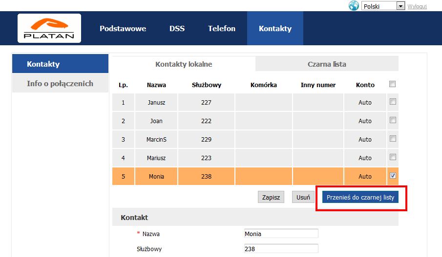 Rys. 13. Menu Kontakty, zakładka Kontakty lokalne, przenoszenie kontaktu do czarnej listy.