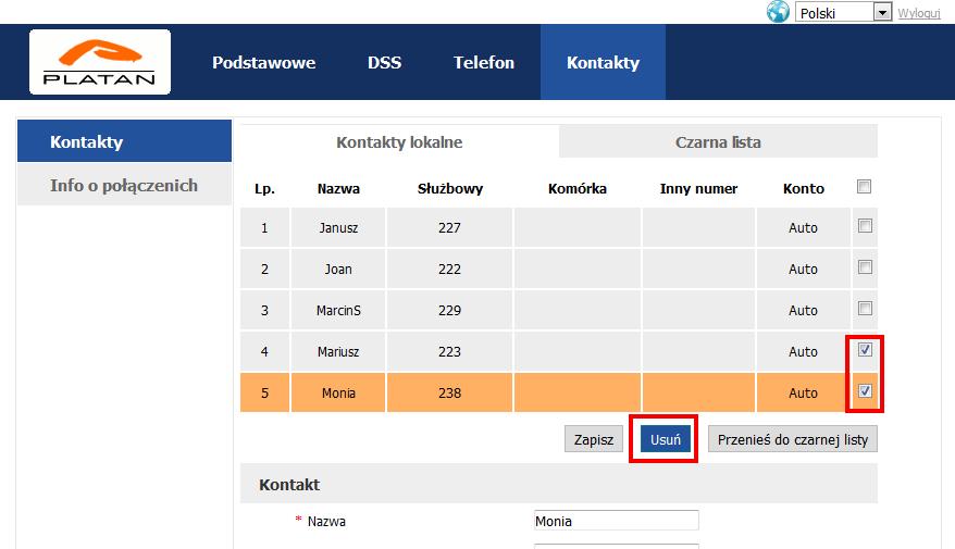 Usuwanie kontaktu lokalnego Telefon Platan IP-T216C instrukcja użytkownika ver. 1.00.01 Aby usunąć kontakt lokalny lub kontakt znajdujący się na czarnej liście: 1.