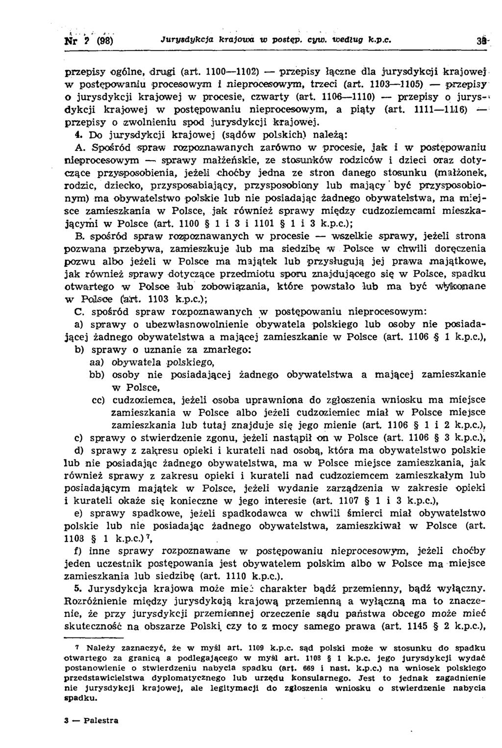 Nr? (98) Jurysdykcja krajowa w postęp, cyw. według k.p.c. przepisy ogólne, drugi (art.
