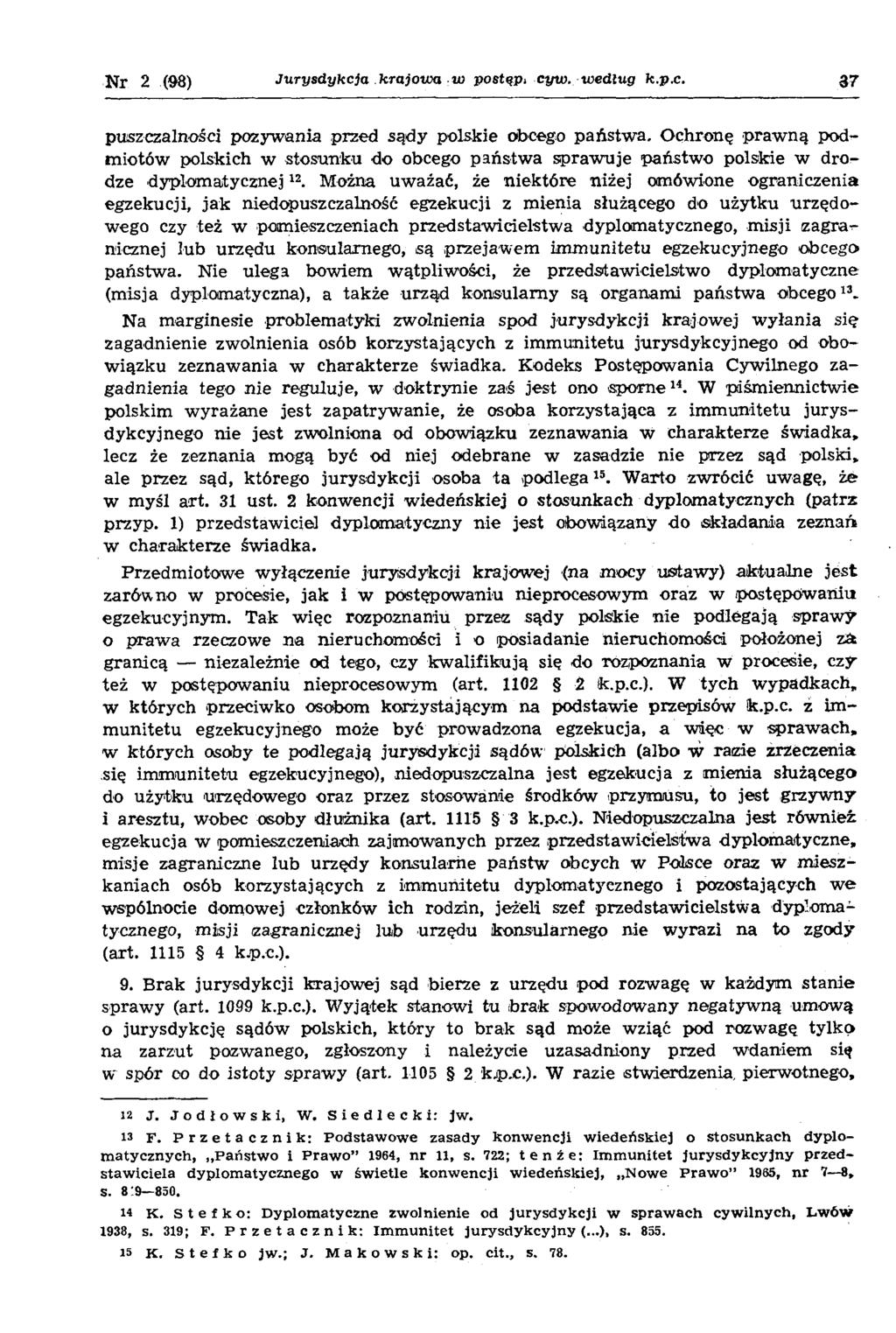 Nr 2 (98) Jurysdykcja krajowa w postęp* cyw. -według k.p.c. 37 puszczalności pozyw ania przed sądy polskie obcego państw a.