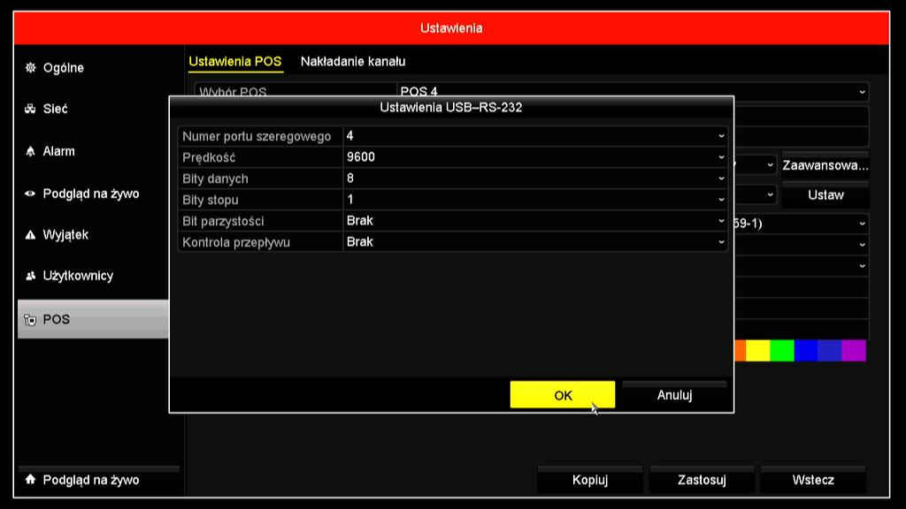 W w/w menu Ustaw należy też ustawić parametry komunikacji RS232: 9600bps, 8bitów, 1bit stop, brak parzystości, brak kontroli przepływności.