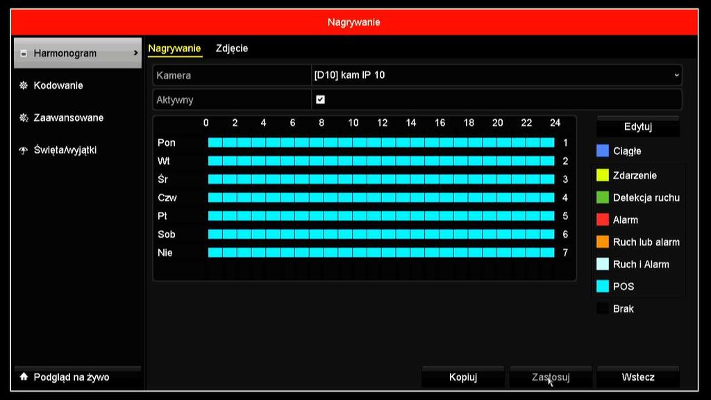 Ustawienia nagrywania, harmonogram. Obraz z kamery oraz nakładka tekstowa zapisywane są oddzielnie, tzn. nakładka tekstowa nie jest na stałe nałożona na obraz.